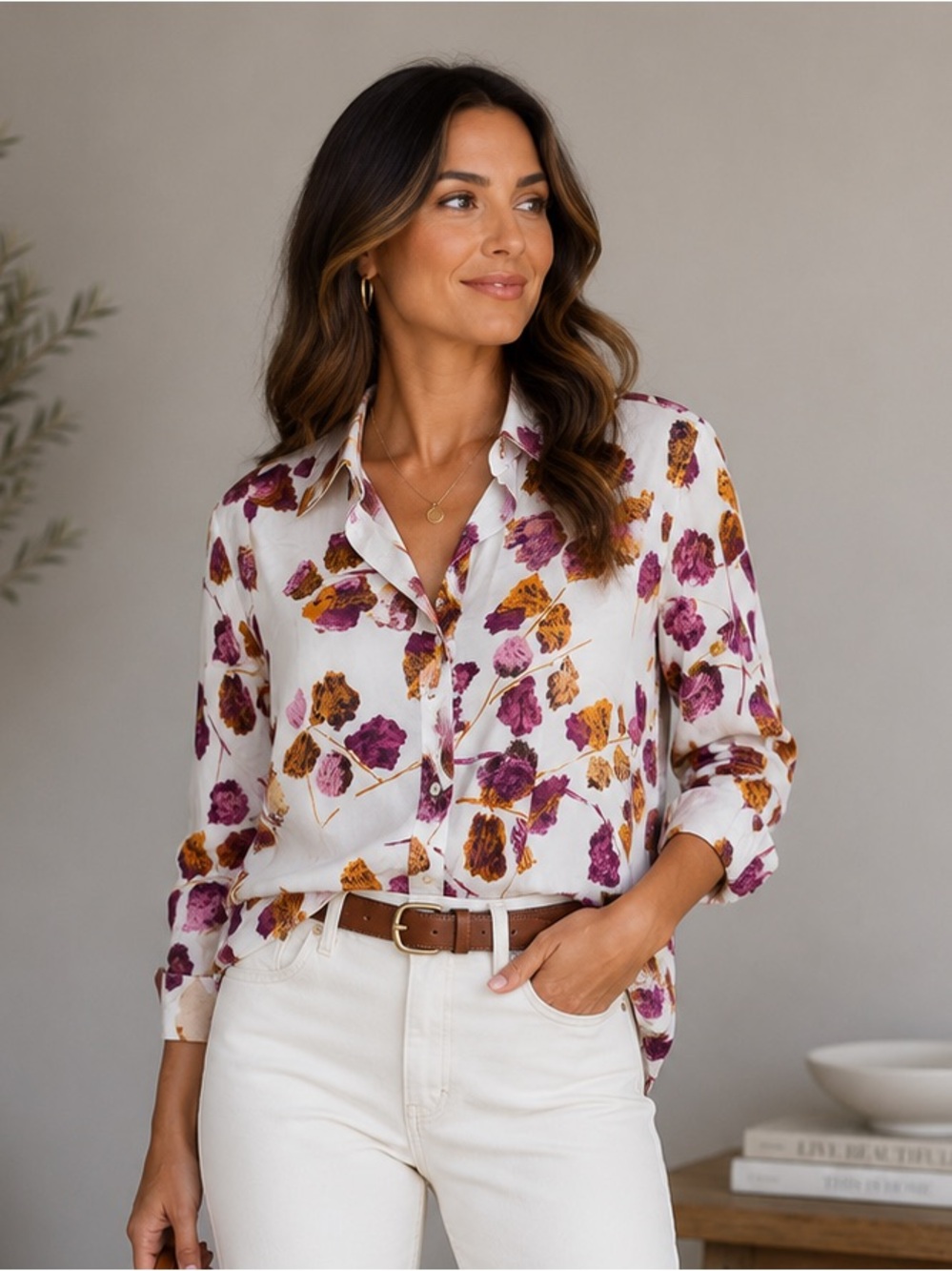 Perry Ellis 100% Silk White Blouse with Purple and Orange Floral Print Size 6